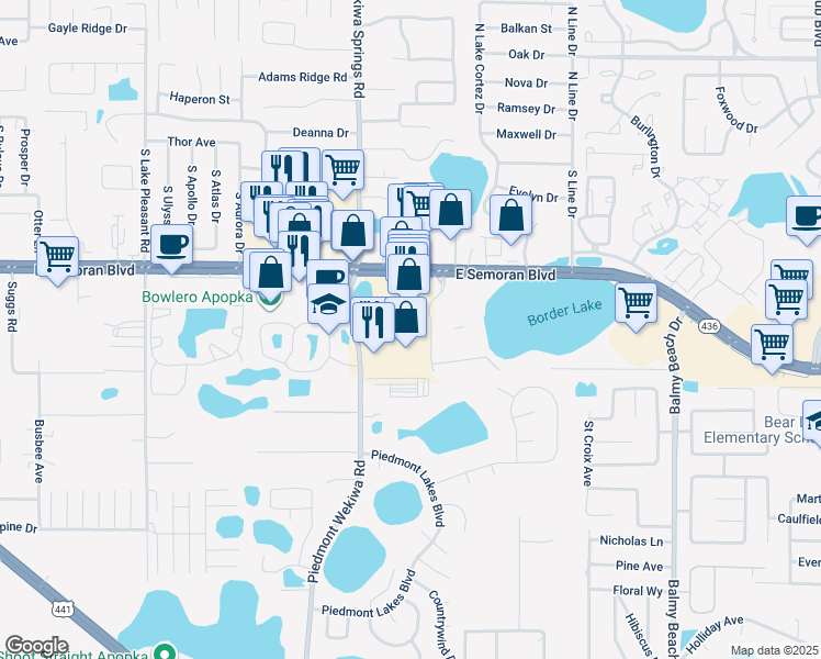 map of restaurants, bars, coffee shops, grocery stores, and more near 2358 Piedmont Wekiwa Road in Apopka