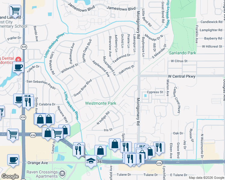 map of restaurants, bars, coffee shops, grocery stores, and more near 510 Applewood Avenue in Altamonte Springs