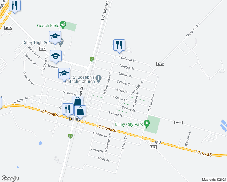 map of restaurants, bars, coffee shops, grocery stores, and more near 213 East Frio Street in Dilley