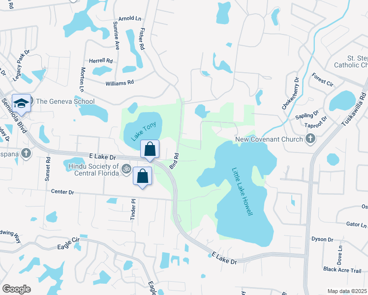 map of restaurants, bars, coffee shops, grocery stores, and more near 1436 Bird Road in Winter Springs