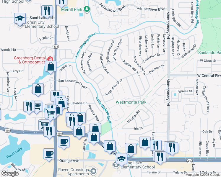 map of restaurants, bars, coffee shops, grocery stores, and more near 625 Greenbriar Boulevard in Altamonte Springs