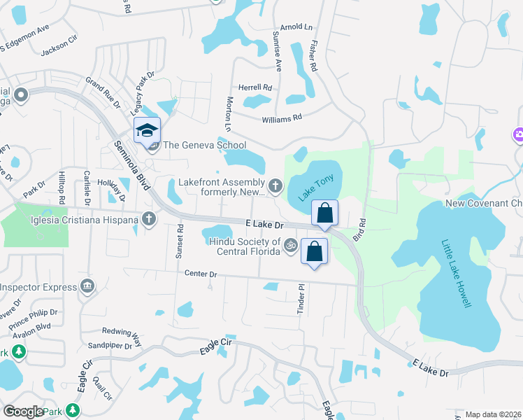 map of restaurants, bars, coffee shops, grocery stores, and more near 1404 Beverly Lane in Casselberry