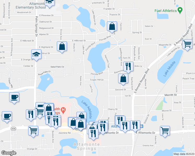 map of restaurants, bars, coffee shops, grocery stores, and more near 715 Tropic Hill Drive in Altamonte Springs