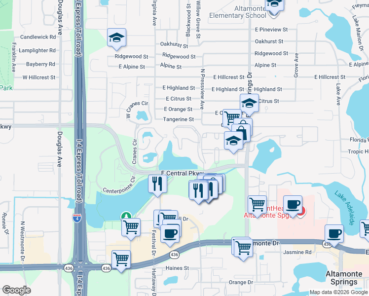 map of restaurants, bars, coffee shops, grocery stores, and more near 550 Cranes Way in Altamonte Springs