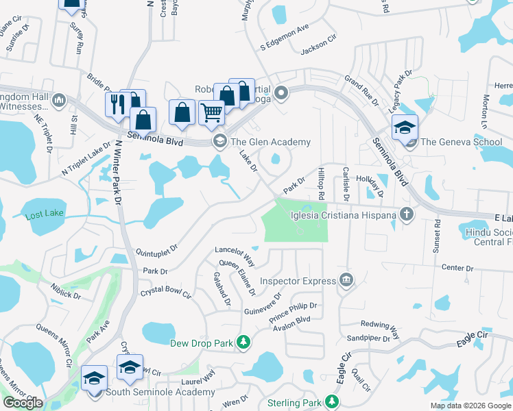 map of restaurants, bars, coffee shops, grocery stores, and more near 1347 Park Drive in Casselberry