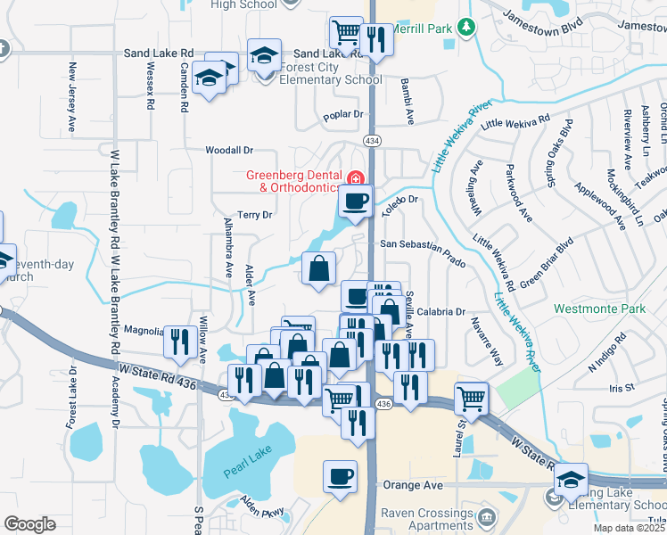 map of restaurants, bars, coffee shops, grocery stores, and more near 545 Nantucket Court in Altamonte Springs