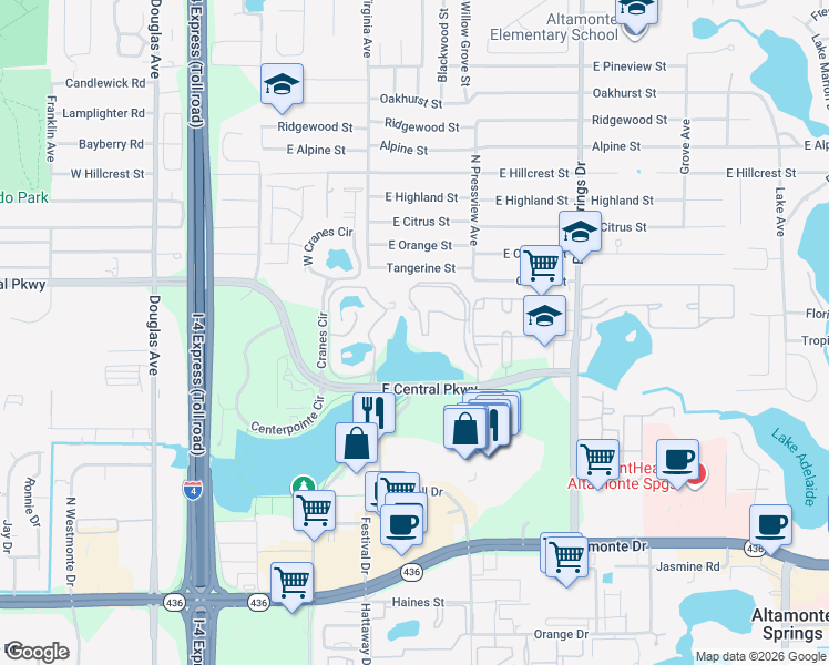 map of restaurants, bars, coffee shops, grocery stores, and more near 570 Cranes Way in Altamonte Springs
