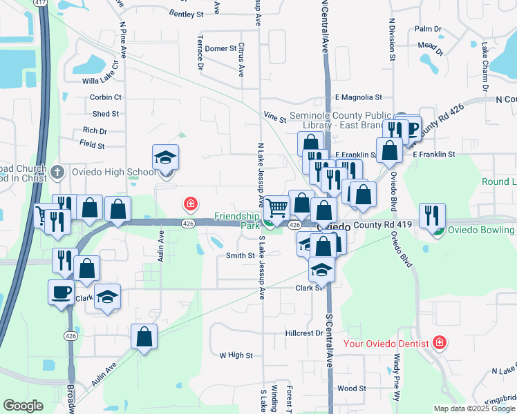 map of restaurants, bars, coffee shops, grocery stores, and more near 251 Plaza Drive in Oviedo