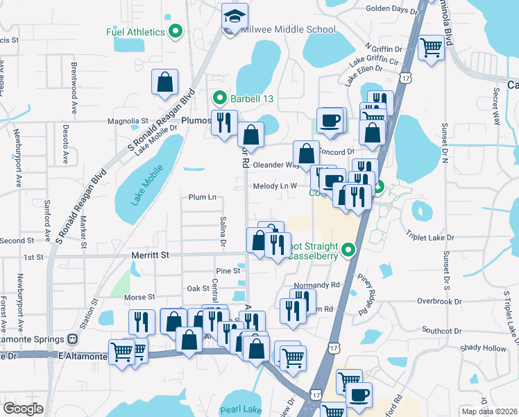 map of restaurants, bars, coffee shops, grocery stores, and more near 9 Michelle Dr in Casselberry