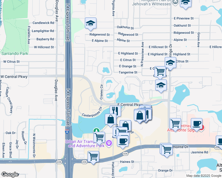 map of restaurants, bars, coffee shops, grocery stores, and more near 260 Mira Way in Altamonte Springs