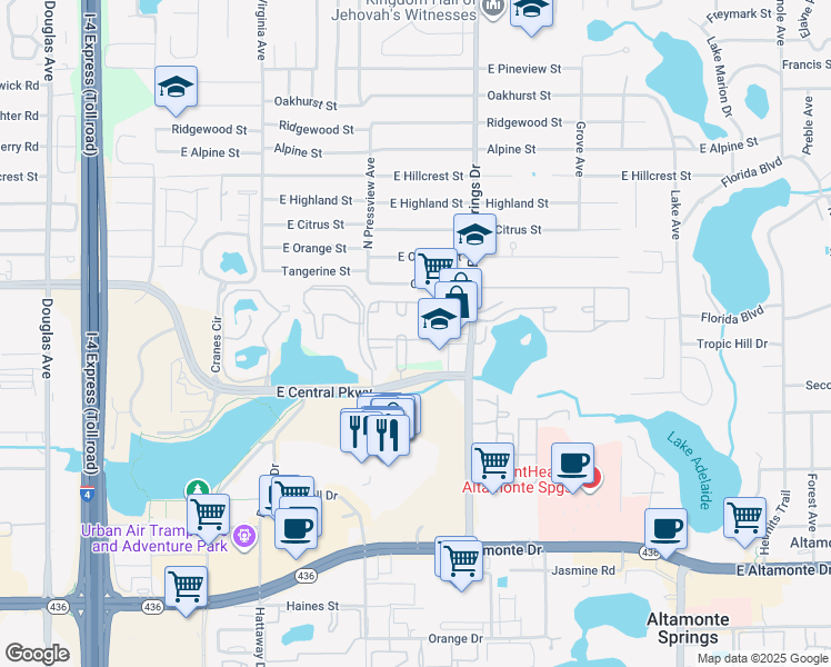 map of restaurants, bars, coffee shops, grocery stores, and more near 529 One Center Boulevard in Altamonte Springs