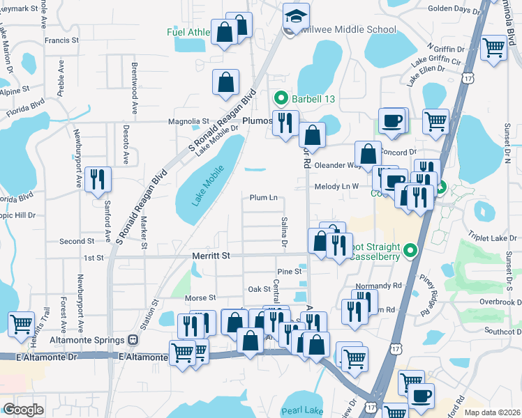map of restaurants, bars, coffee shops, grocery stores, and more near 514 Peach Tree Lane in Altamonte Springs