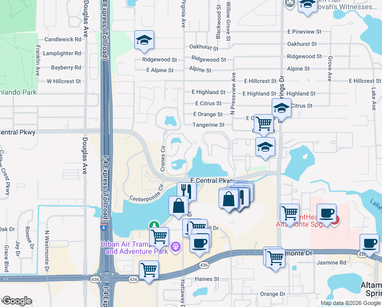 map of restaurants, bars, coffee shops, grocery stores, and more near 281 Maitland Avenue in Altamonte Spgs