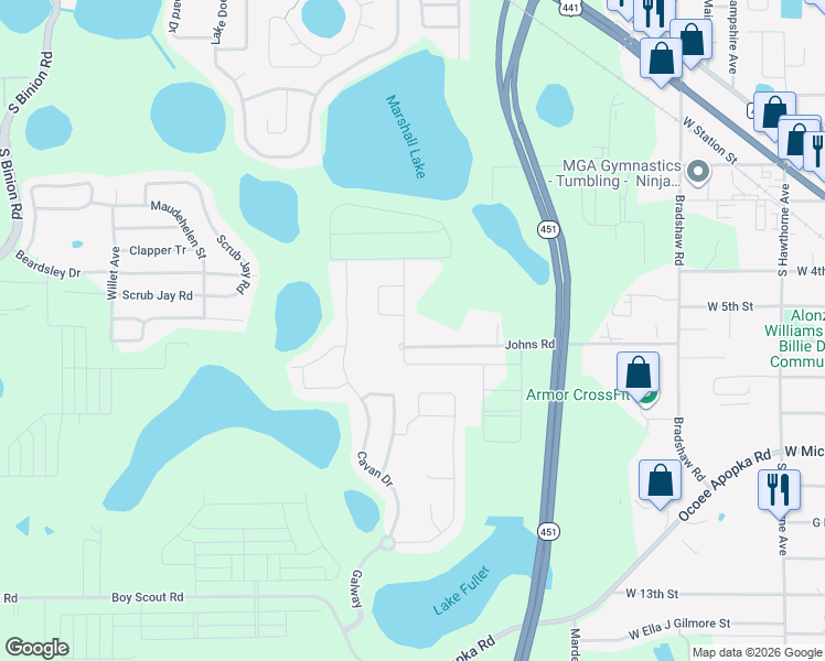 map of restaurants, bars, coffee shops, grocery stores, and more near 801 Johns Road in Apopka