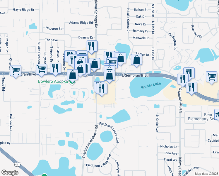 map of restaurants, bars, coffee shops, grocery stores, and more near 2358 Piedmont Wekiwa Road in Apopka