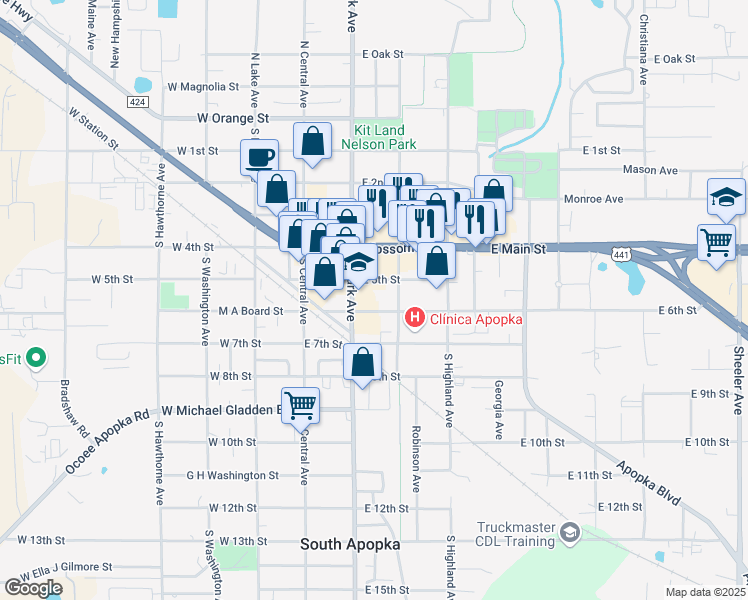 map of restaurants, bars, coffee shops, grocery stores, and more near 122 East 5th Street in Apopka