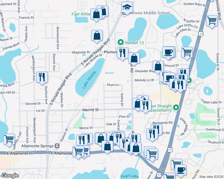map of restaurants, bars, coffee shops, grocery stores, and more near 514 Peach Tree Lane in Altamonte Springs