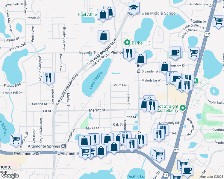 map of restaurants, bars, coffee shops, grocery stores, and more near 500 Peach Tree Ln in Altamonte Springs