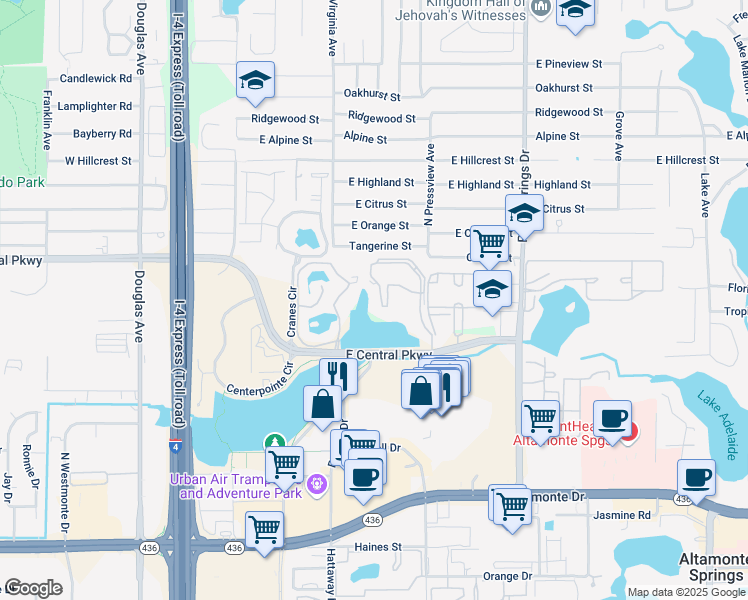 map of restaurants, bars, coffee shops, grocery stores, and more near 570 Cranes Way in Altamonte Springs