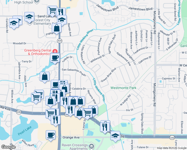 map of restaurants, bars, coffee shops, grocery stores, and more near 633 Eastwood Court in Altamonte Springs