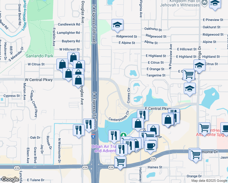 map of restaurants, bars, coffee shops, grocery stores, and more near 240 East Central Parkway in Altamonte Springs