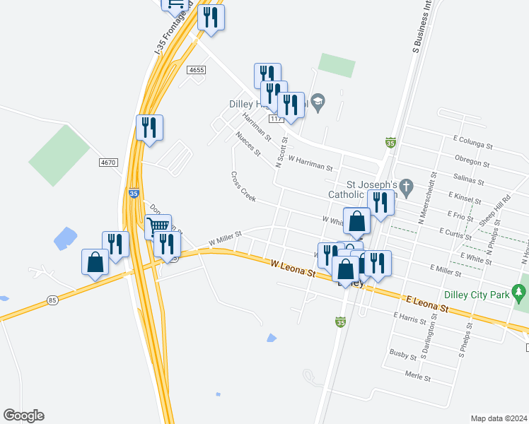 map of restaurants, bars, coffee shops, grocery stores, and more near 200 North Scott Street in Dilley