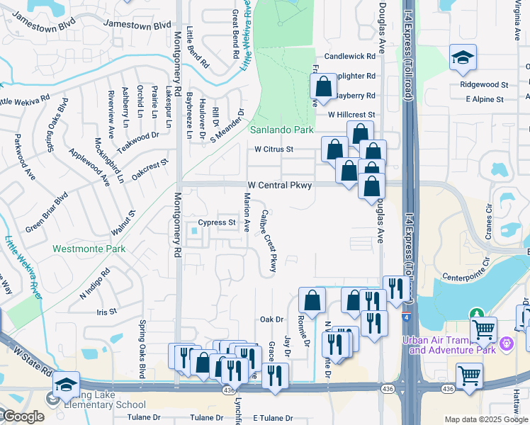 map of restaurants, bars, coffee shops, grocery stores, and more near 602 Calibre Crest Pkwy in Altamonte Springs