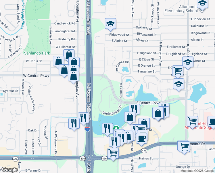 map of restaurants, bars, coffee shops, grocery stores, and more near 240 East Central Parkway in Altamonte Springs