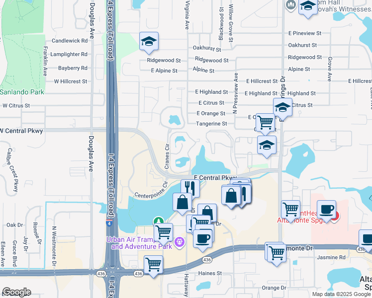map of restaurants, bars, coffee shops, grocery stores, and more near 260 Mira Way in Altamonte Springs