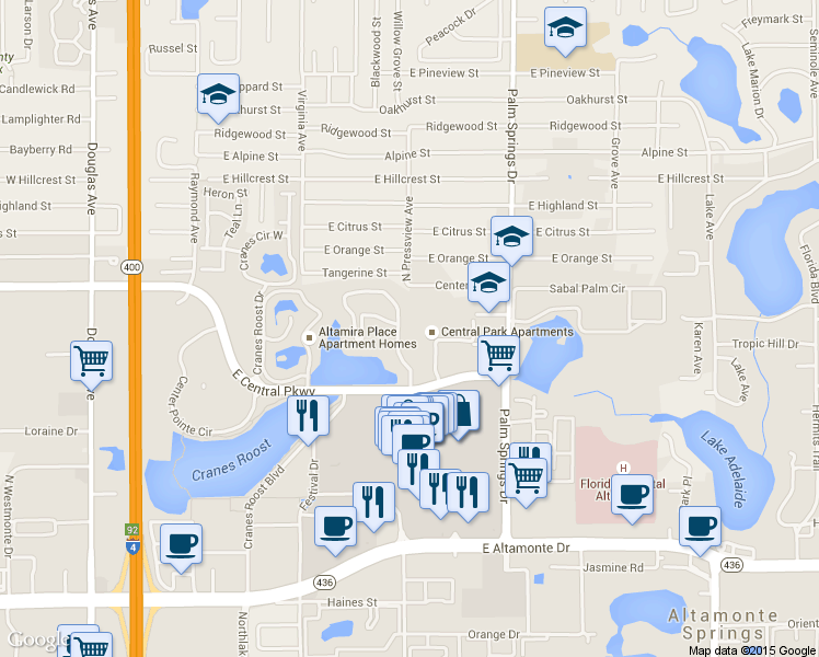 map of restaurants, bars, coffee shops, grocery stores, and more near 545 One Center Boulevard in Altamonte Springs