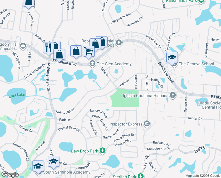 map of restaurants, bars, coffee shops, grocery stores, and more near 1347 Park Drive in Casselberry