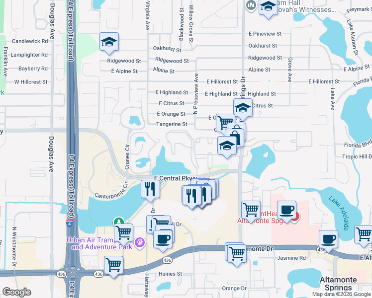 map of restaurants, bars, coffee shops, grocery stores, and more near 550 Cranes Way in Altamonte Springs