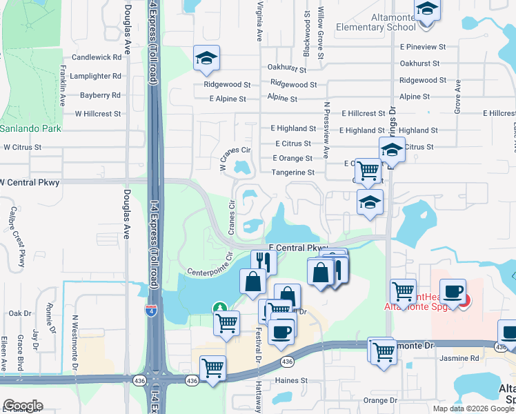 map of restaurants, bars, coffee shops, grocery stores, and more near 260 Mira Way in Altamonte Springs