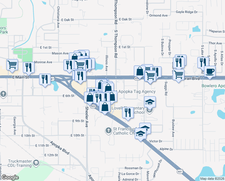 map of restaurants, bars, coffee shops, grocery stores, and more near 425 Blue Bird Street in Apopka
