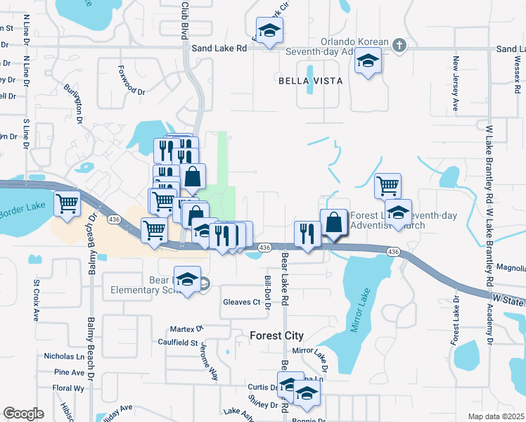 map of restaurants, bars, coffee shops, grocery stores, and more near 612 Edgehill Place in Apopka