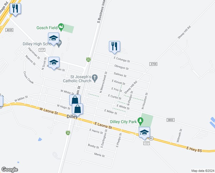 map of restaurants, bars, coffee shops, grocery stores, and more near 213 East Frio Street in Dilley