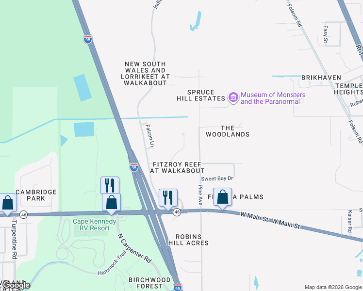 map of restaurants, bars, coffee shops, grocery stores, and more near 4147 Fitzroy Reef Drive in Mims