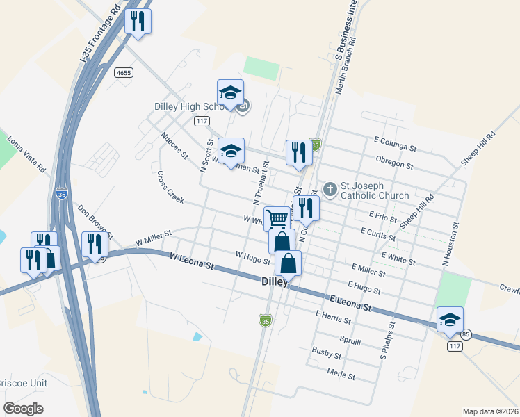 map of restaurants, bars, coffee shops, grocery stores, and more near 124 West White Street in Dilley