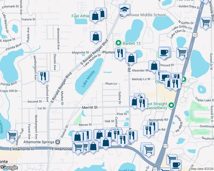 map of restaurants, bars, coffee shops, grocery stores, and more near 500 Peach Tree Lane in Altamonte Springs