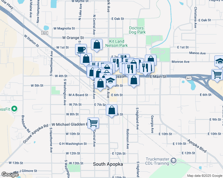 map of restaurants, bars, coffee shops, grocery stores, and more near 122 East 5th Street in Apopka