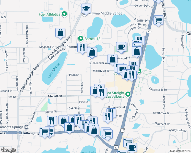 map of restaurants, bars, coffee shops, grocery stores, and more near 9 Michelle Drive in Casselberry