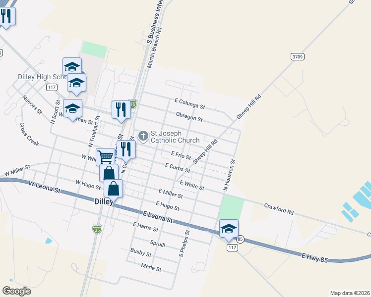 map of restaurants, bars, coffee shops, grocery stores, and more near 407 North Darlington Street in Dilley