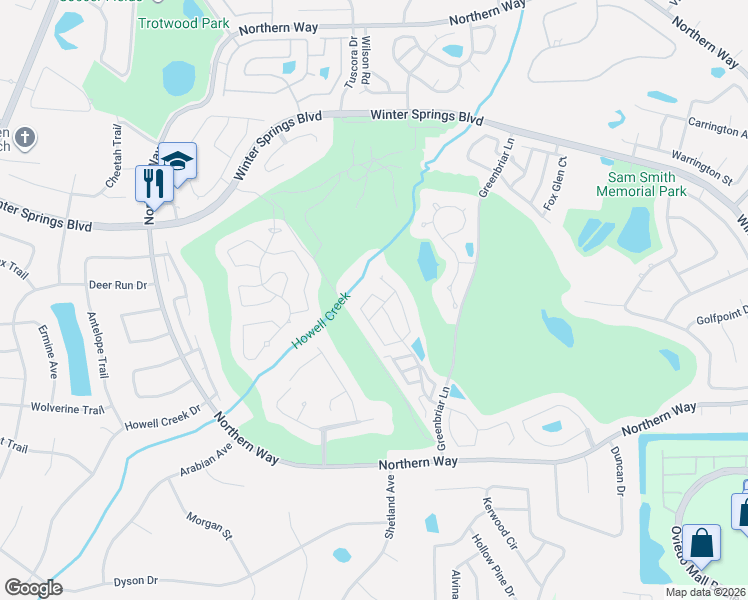 map of restaurants, bars, coffee shops, grocery stores, and more near 931 Glen Abbey Circle in Winter Springs