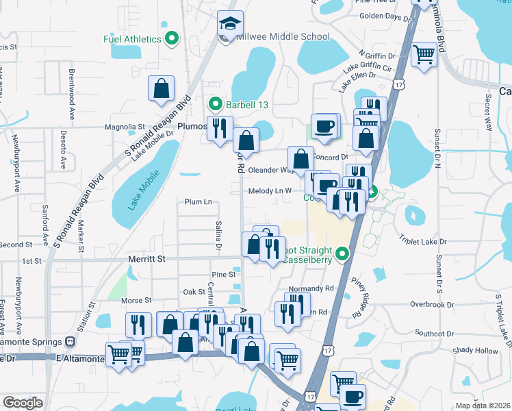 map of restaurants, bars, coffee shops, grocery stores, and more near 9 Michelle Drive in Casselberry