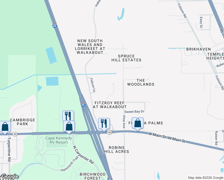 map of restaurants, bars, coffee shops, grocery stores, and more near 4147 Fitzroy Reef Drive in Mims