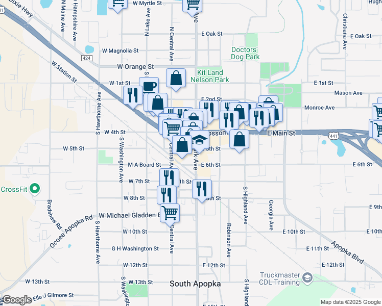 map of restaurants, bars, coffee shops, grocery stores, and more near 55 East 6th Street in Apopka