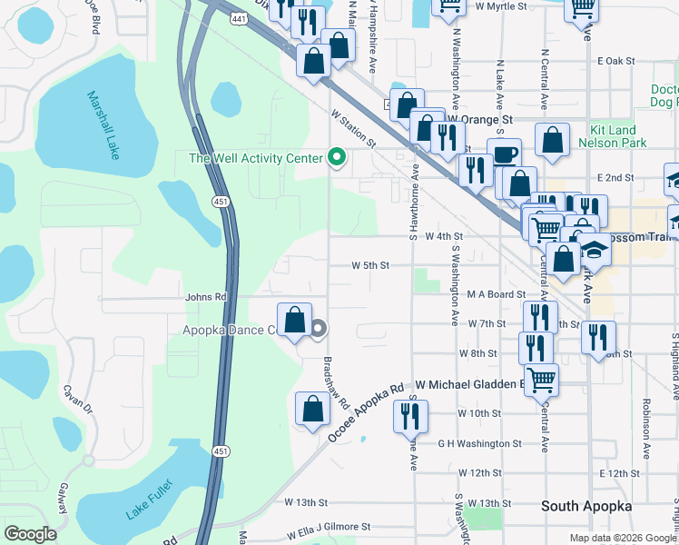 map of restaurants, bars, coffee shops, grocery stores, and more near 422 Bertson Court in Apopka
