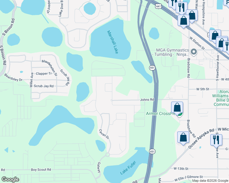 map of restaurants, bars, coffee shops, grocery stores, and more near 801 Johns Road in Apopka