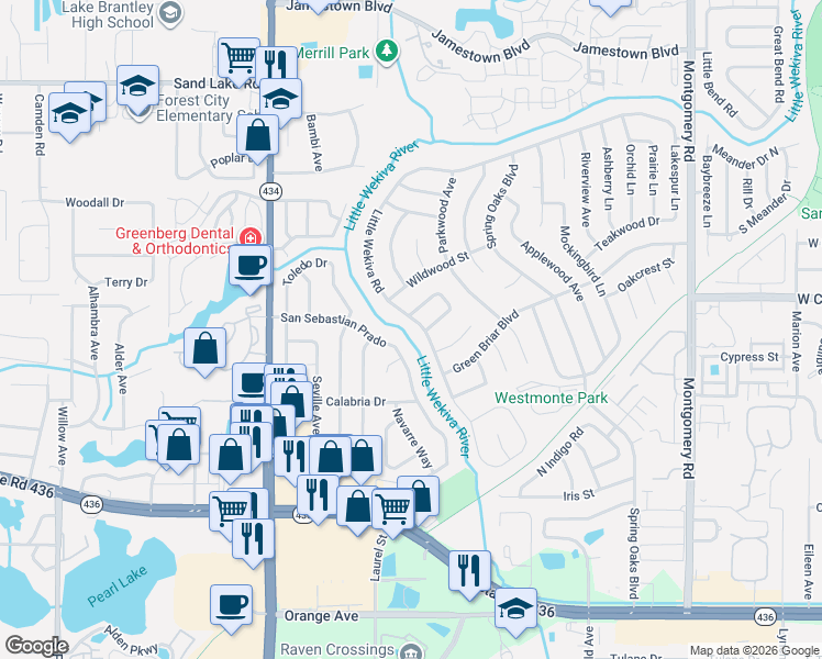 map of restaurants, bars, coffee shops, grocery stores, and more near 515 San Sebastian Prado in Altamonte Springs