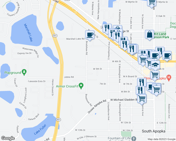 map of restaurants, bars, coffee shops, grocery stores, and more near 450 West 5th Street in Orlando